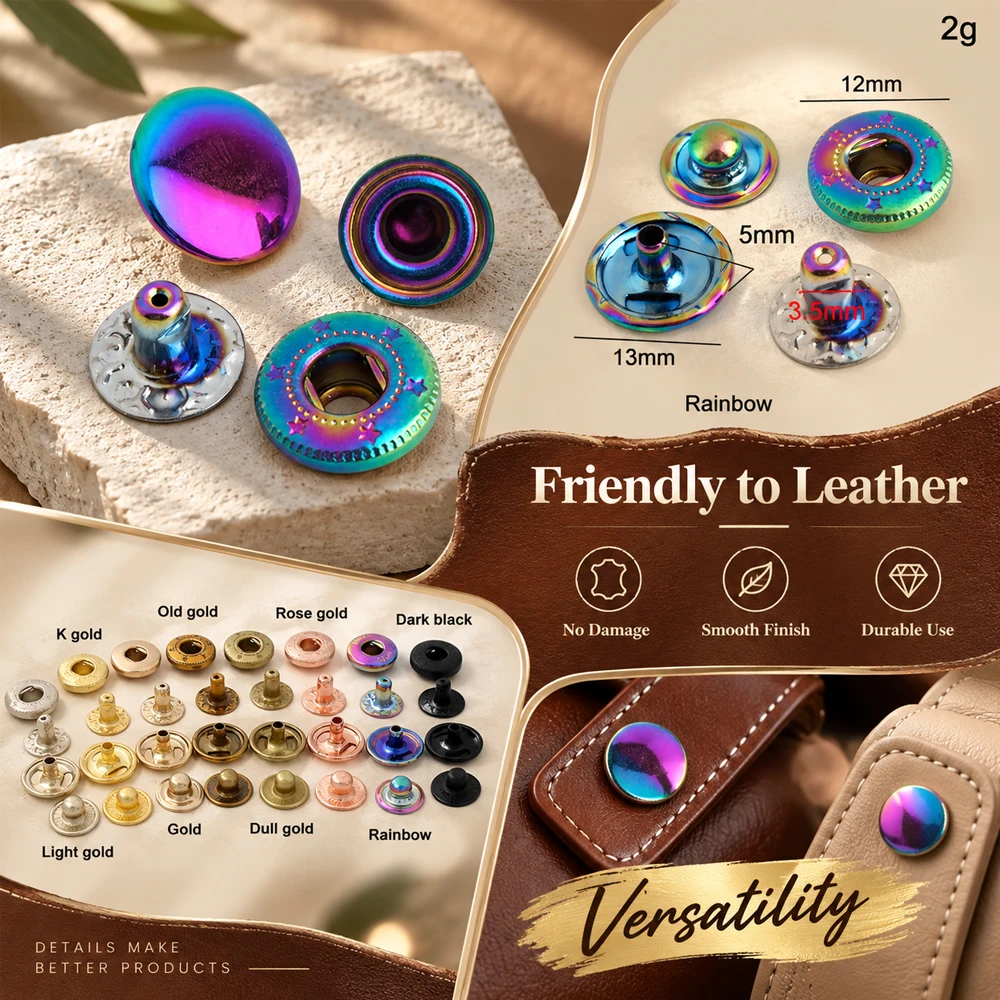20-100 sets Rainbow 12mm 10 colors Copper Snap Fastener Press Button For Clothes Backpacks Decorative Buckle Snap Button Metal