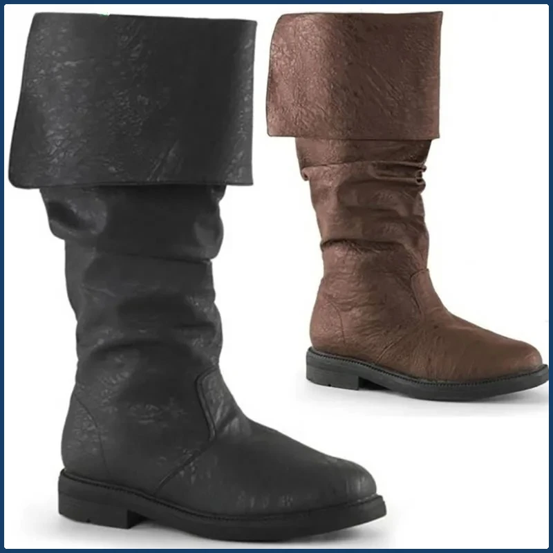 

Men's Medieval-Style Leather Long Boots: Retro Flat Platform, Adult Cosplay Footwear
