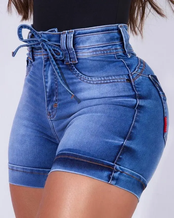 Casual High Waist Denim Shorts Pocket Zipper Tied Detail Design Above Knee Daily Women\'s Fashion Skinny Denim Short