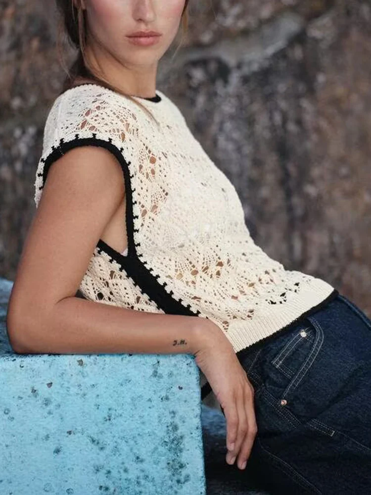 Gilet lavorato a maglia da donna della nuova estate rotondo Ne nappa occhiello Faionable Color Blo Maglieria ort Lunghezza Colore