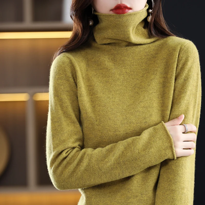 

100% Pure Wool Pile Collar Sweater Women's Pullover Long Sleeve Autumn And Winter New Wool Knitted Cashmere Top With Bottoming.