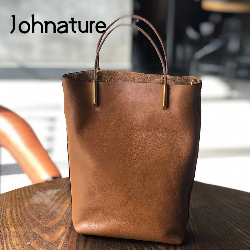 Johnature Simple Genuine Leather Women Bag 2024 New Retro Nature Soft Cowhide Handbag Versatile Composite Bag Shoulder Bags