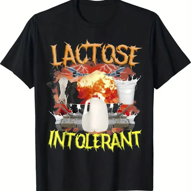 Lactose Intolerance Graphic T-Shirt  Casual Crew Neck Short Sleeve LACTOSE INTOLERANT 