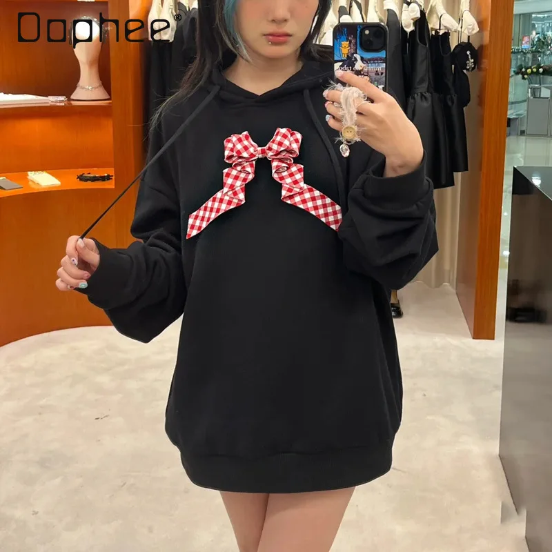 

Sweet Hoodie Women Black Loose Plaid 3d Bowknot Sweatshirt Casual Kawaii Streetwear Harajuku Tops Korea Style Spring Autumn