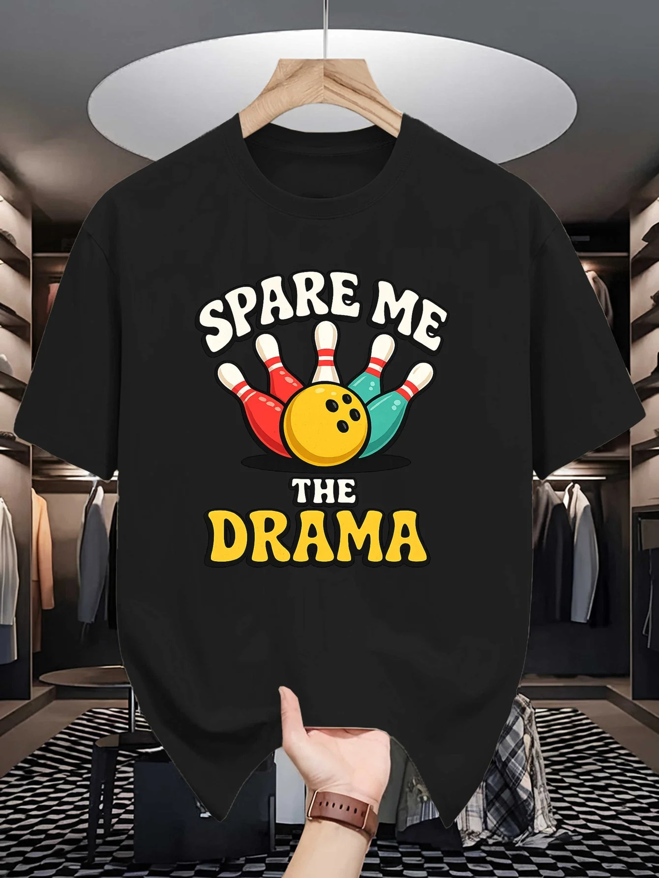 Spare Me The Drama Bowling Graphic Mens T Shirt Crew Neck Cotton Tee Funny Slogan Sport Casual Top Gift For Bowling Hobby Fans