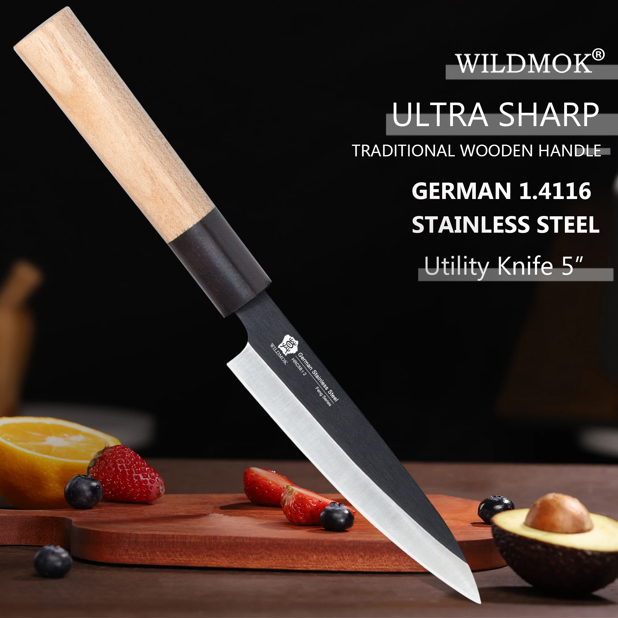 

WILDMOK 5" Utility Knife, Ultra Sharp Fruit and Vegetable Cutting Kitchen Knives, Germany Steel & Traditional Wooden Handle