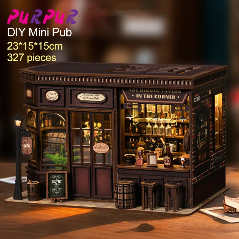 ชุดตัวต่อไม้สร้างโมเดลบ้านไมโครแลนด์สเคป ร้านเหล้าขนาดเล็ก DIY ประกอบเอง ของเล่นสร้างสรรค์ 3 มิติ