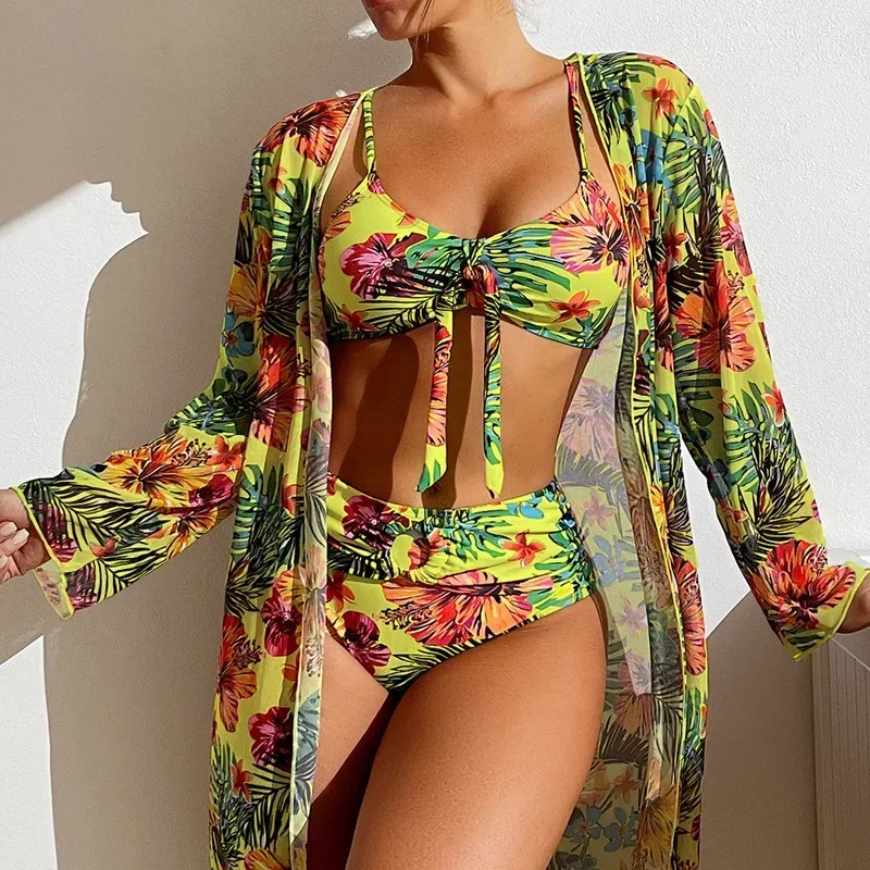 Sexy Women Beach Bikinis Three Pieces Bikini Set Cover Up Swimwear High Waisted Bikini Set Women Swimwear Print