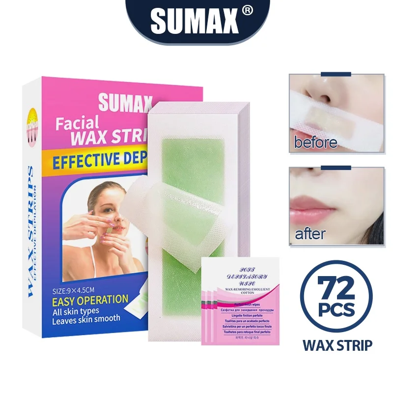 SUMAX Wax Strips For Hair Removal 72pcs for Upper Lip Facial Underarms Legs Deep Skin Care