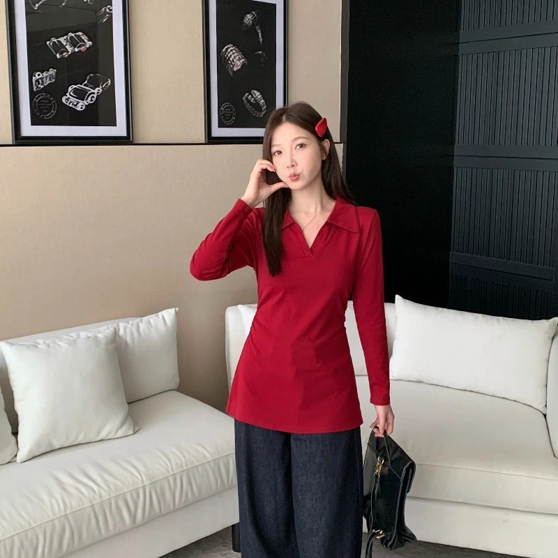 Women's Autumn Long Sleeve Top Stylish Collar Pleated Tee Shoulder Fit Slimming Tummy Cover Design Casual Fashion Blouse​