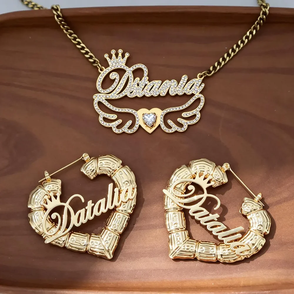 Custom Name Necklace Earrings Set Gold Plated Stainless Steel Cuban Chain Crown Wings Heart Bamboo Hoop Hip Hop Gift for Women
