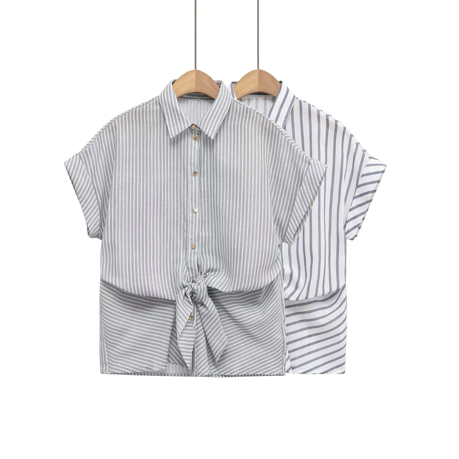 

Striped Knot Short Sleeve Blouse Women Turn Down Collar Single Breasted Simple Blouses Summer Casual Fashion Loose Shirt Tops