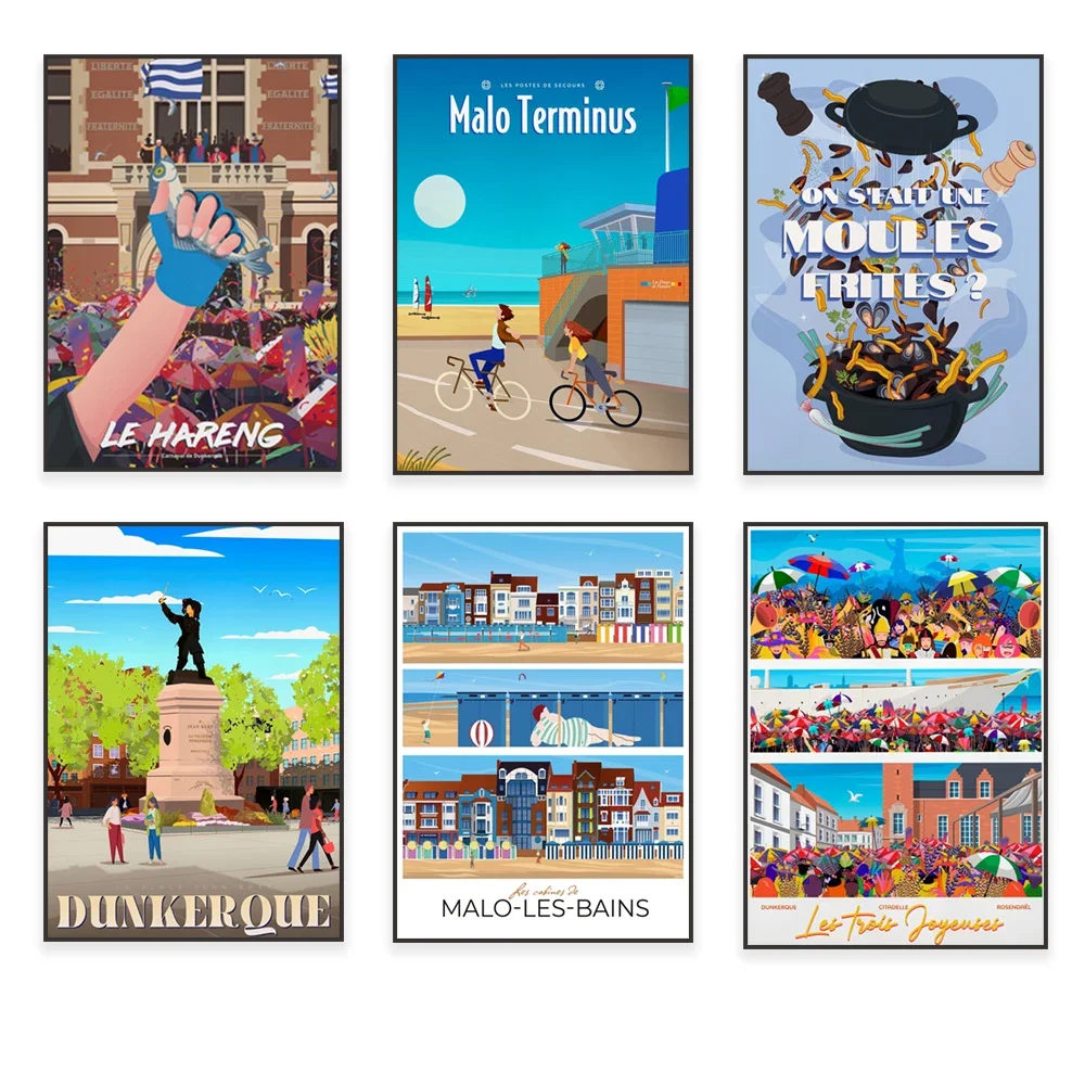 Dunkirk - port, Grand Place of Lille, Malores-les-Bains - beach, Dunkirk, Place Jean Bart, mussel fries, Toulouse, travel poster
