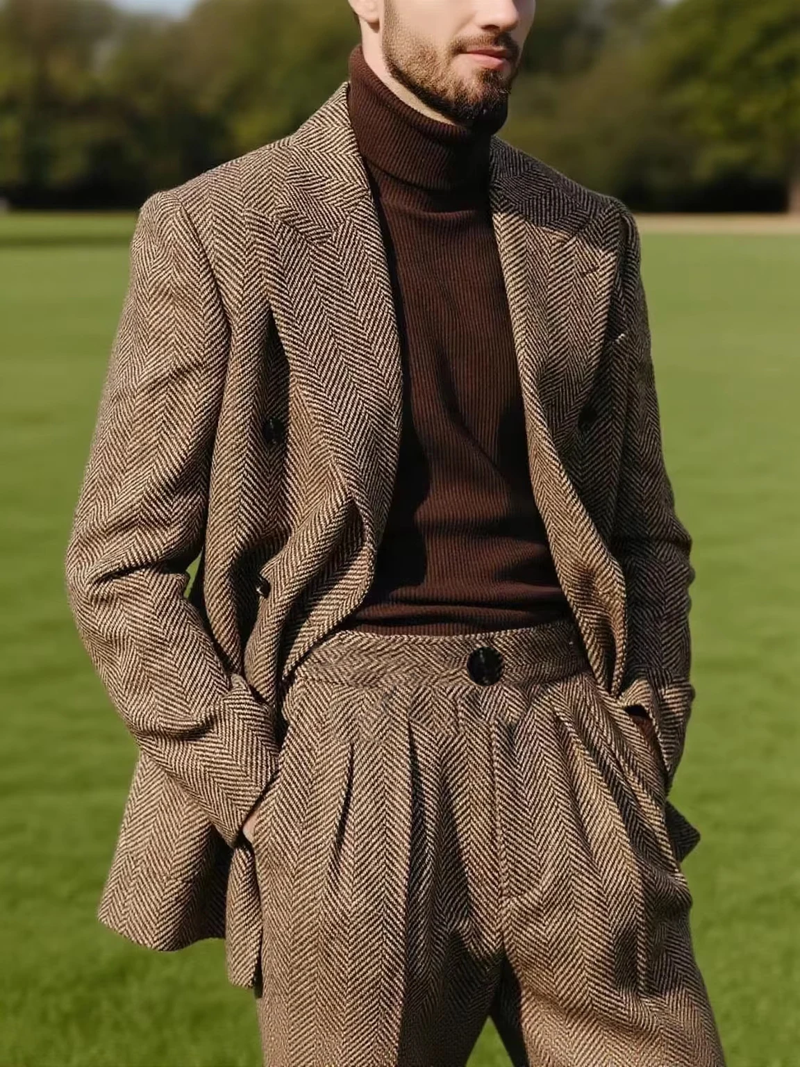 

Autumn 2 Pieces Men's Suit Herringbone Double Breasted Tuxedos Groom Blazer Pants Party Business Tailored Set Hot Sell