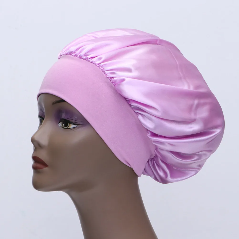 

Wide Side High Elastic Sleeping Cap Large Satin Hair Loss Protection Elastic Band Night Sleep Bonnet Purple for Women