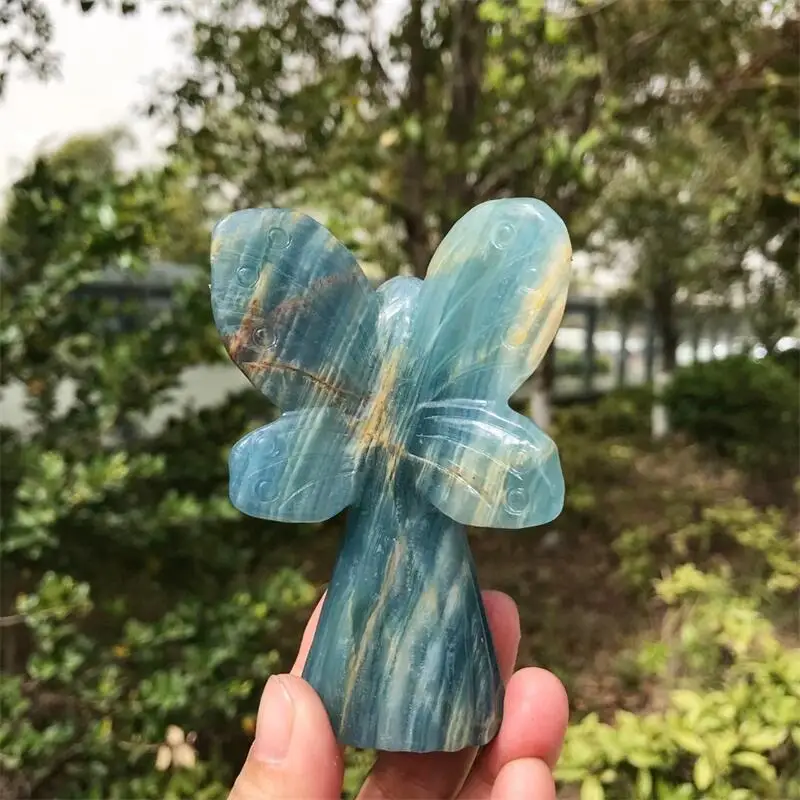 9.5CM Natural Blue Onyx Agate Fairy Gemstone Butterfly Spirit Fairy Stone Crafts Man Made Agate Sculpture Home Decoration 1pcs