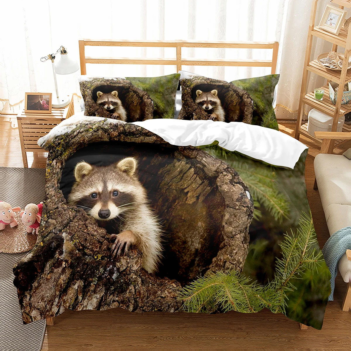 

Raccoon Duvet Cover Set Cute Wild Animals Polyester Comforter Cover King Queen Size for Boy Girl Bedding Set with Pillowcase