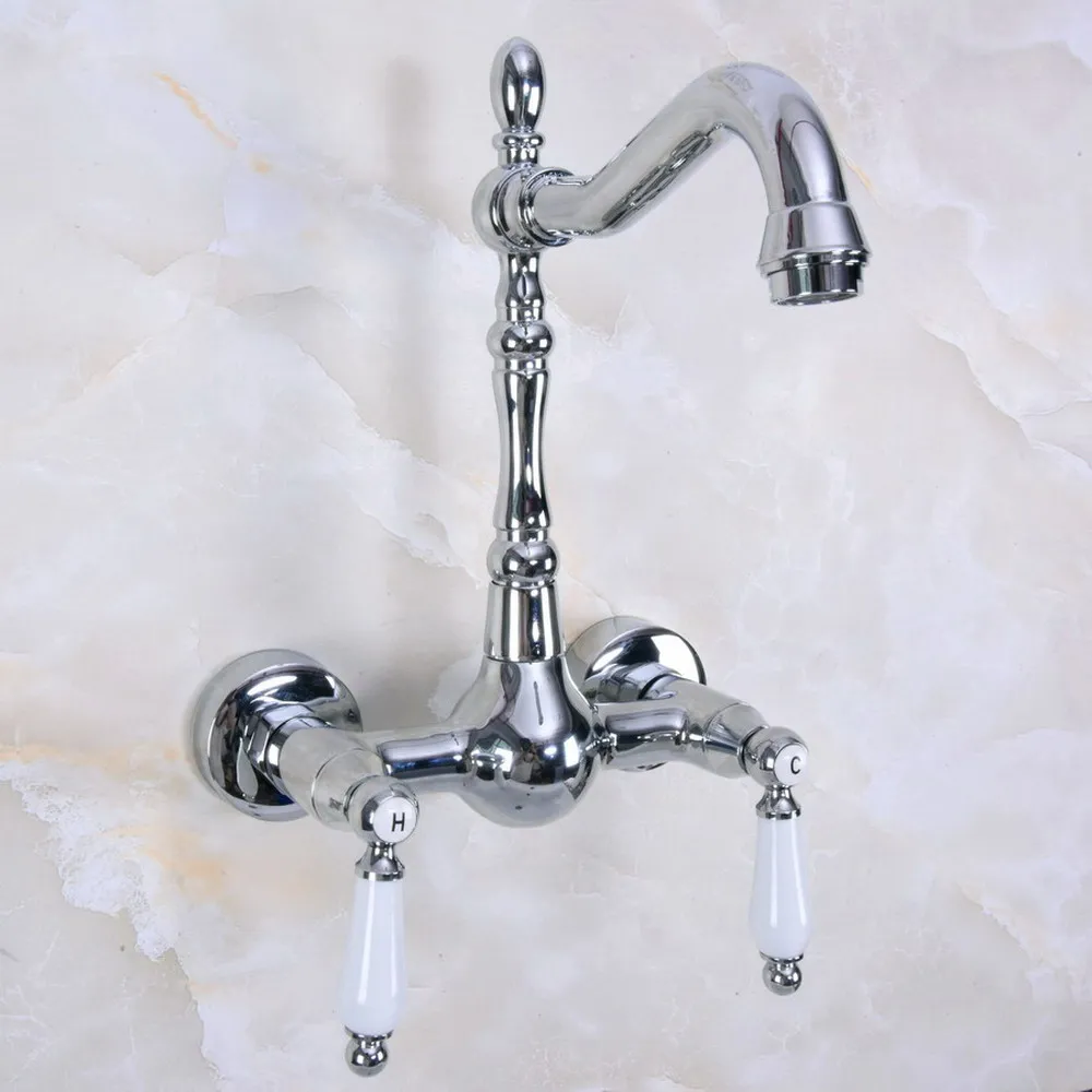 Polished Chrome Wall Mounted Bathroom Sink Faucet Swivel Spout Bathtub Mixer Dual Ceramic Handles Nnf961