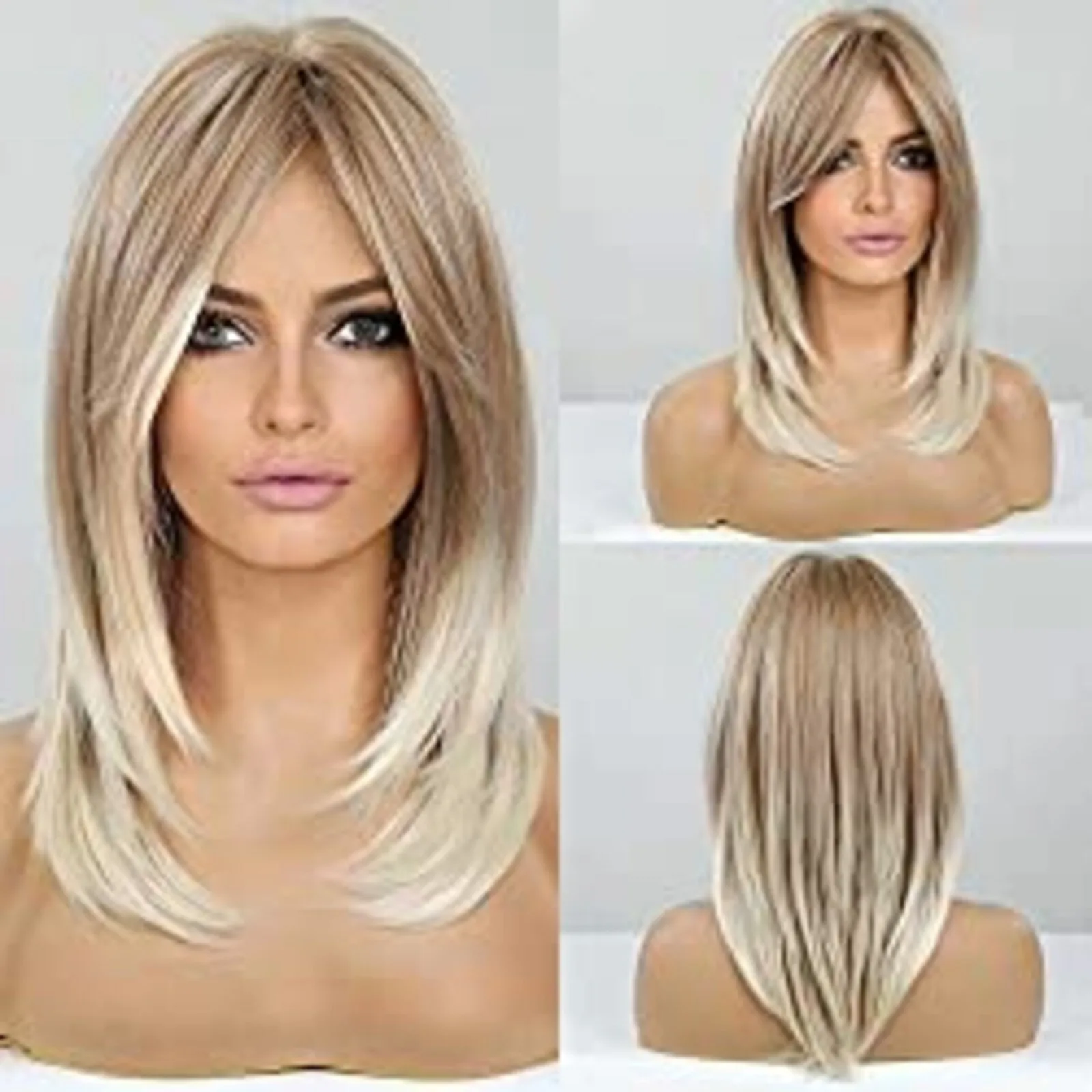 

HAIRCUBE BLONDE WIG FRINGE MEDIUM OMBRE ASH GOLD PLATINUM STRAIGHT BANGS