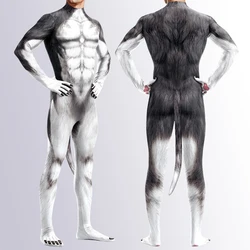 Zawaland Cosplay Animal 3D Print Petsuit with Tail Furry Costume Crotch Zipper Jumpsuit Men Zentai Bodysuit Halloween Clothing