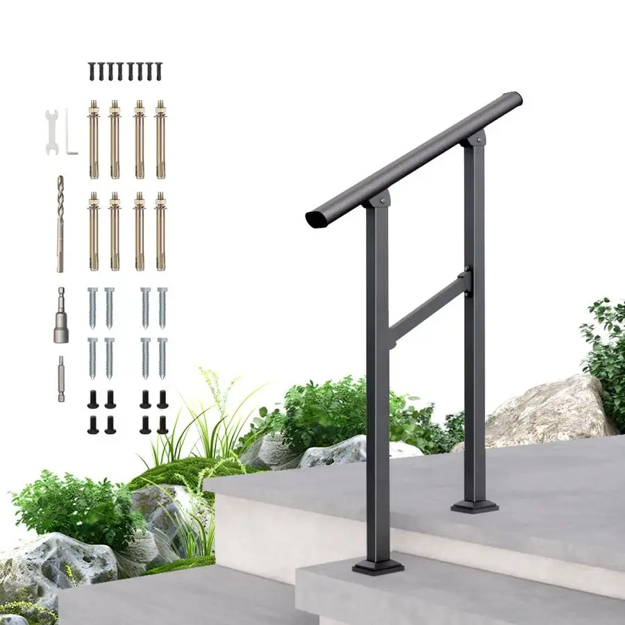 

2 Step Handrail for Outdoor,Powder Coated Iron Stair Railing,Black Hand Rails for Indoor, Porch,Deck,1 Pack
