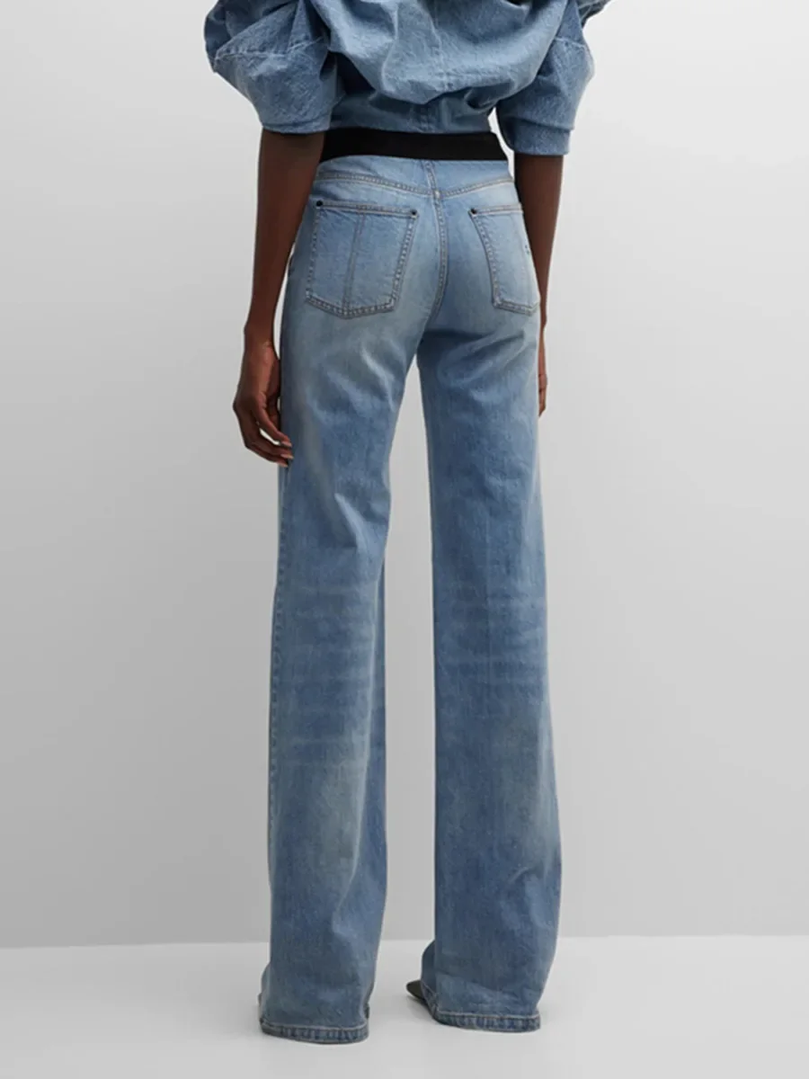 Pantalones vaqueros rectos de retazos para mujer, Vaqueros cintura alta con ajustados de contraste de Color, asimétricos, holgados, informales, de