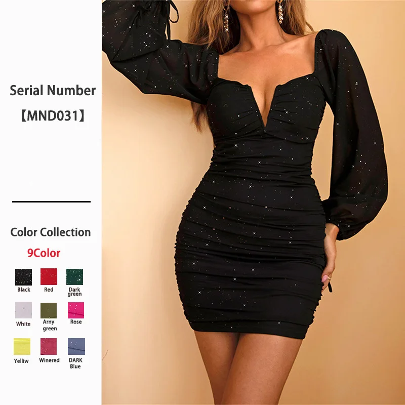 

Sexy Party Dress Women French Long-sleeved Deep V Sexy Hip-wrapped Slim Fits Bodycon Sheath Backless Sequin Summer Ropa Mujer