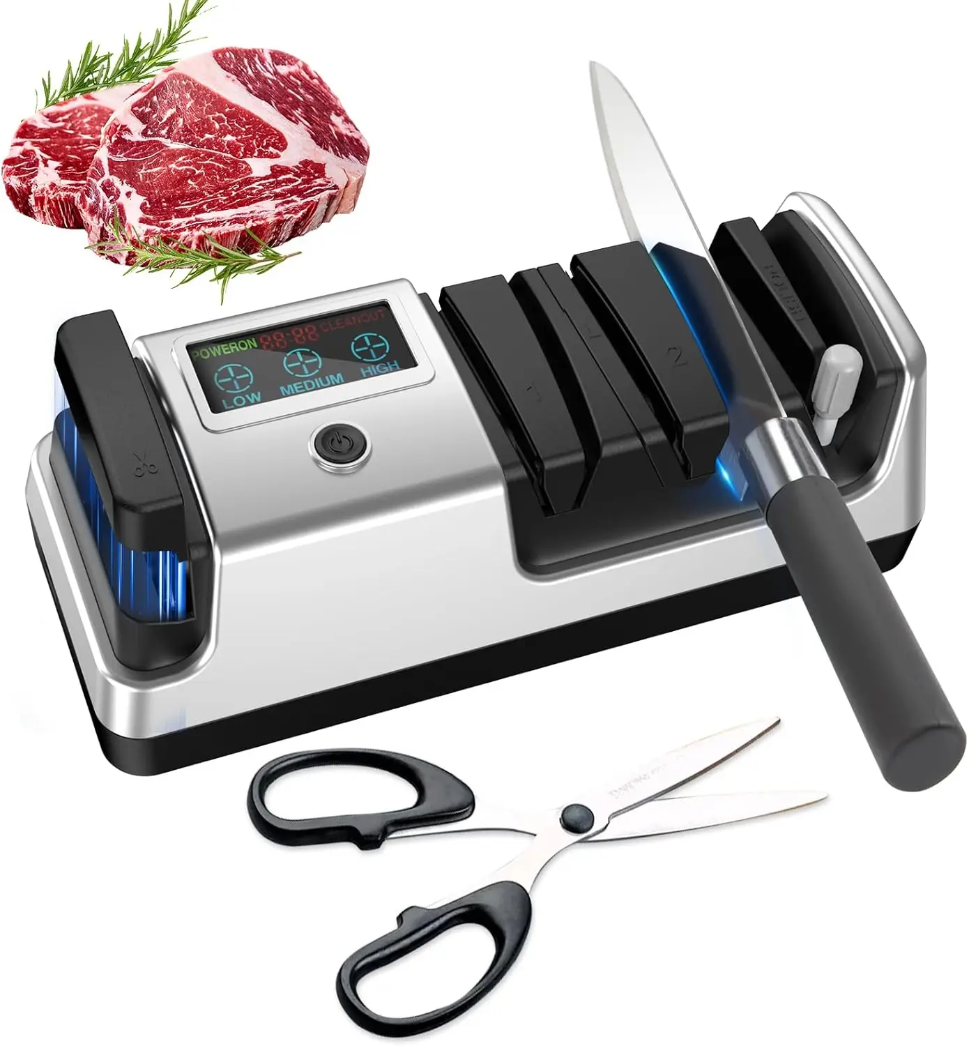 

5-in-1 Electric Knife Sharpener, Professional 3-Stage with LCD, 100% Diamond Abrasive, 3 Speeds for Straight, Serrated, Cleaver, Scissors