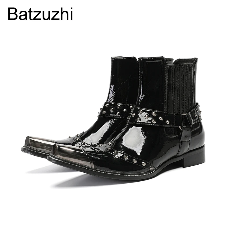 

Batzuzhi Black Genuine Leather Short Boots for Man Low Heels Handmade Men's Boots Iron Toes Zips Party/Club Boots Man!