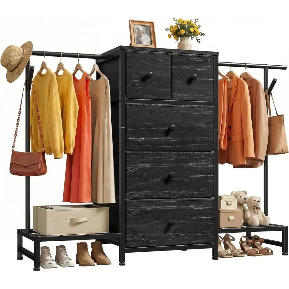 

57.8 Wide Double Rod Closet Organizer with 2 Hanging Bars, 5 Drawers, Shoe Racks, Chest with Clothes Rack and Side Hooks, Sturdy