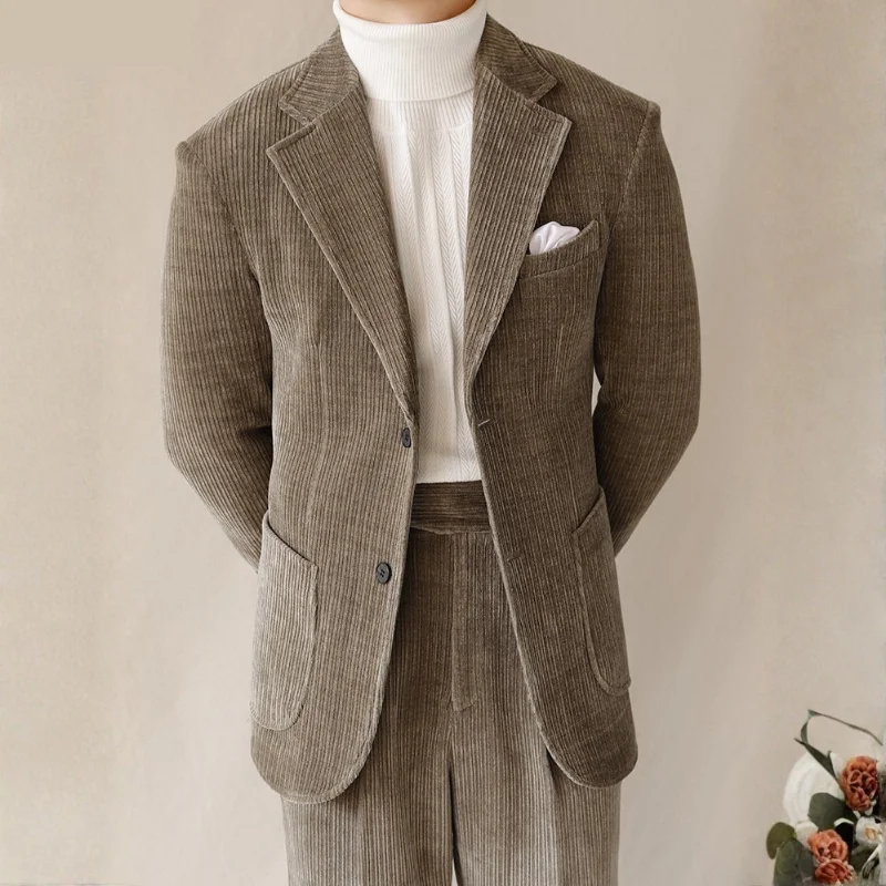 

Casual Corduroy Suit Men's Winter Business Slim Fit Hanging Single Breasted Flat Collar Jacket