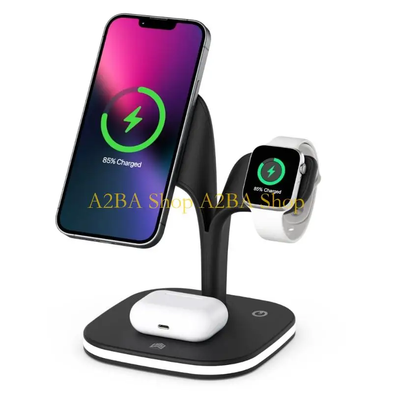 A2BA 3 In 1 Wireless Chargers with Fast Charging Capability & Dimmable LED Light Charging Stand for Multiple Devices