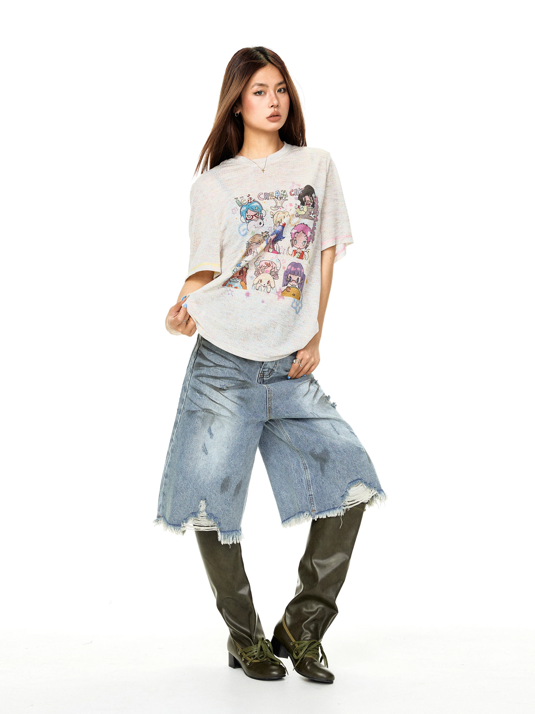 Washed Distressed Denim Shorts Women's Summer Loose Casual Versatile Wide Leg Five-Point Pants Blackbb Frayed Hem Short Pants