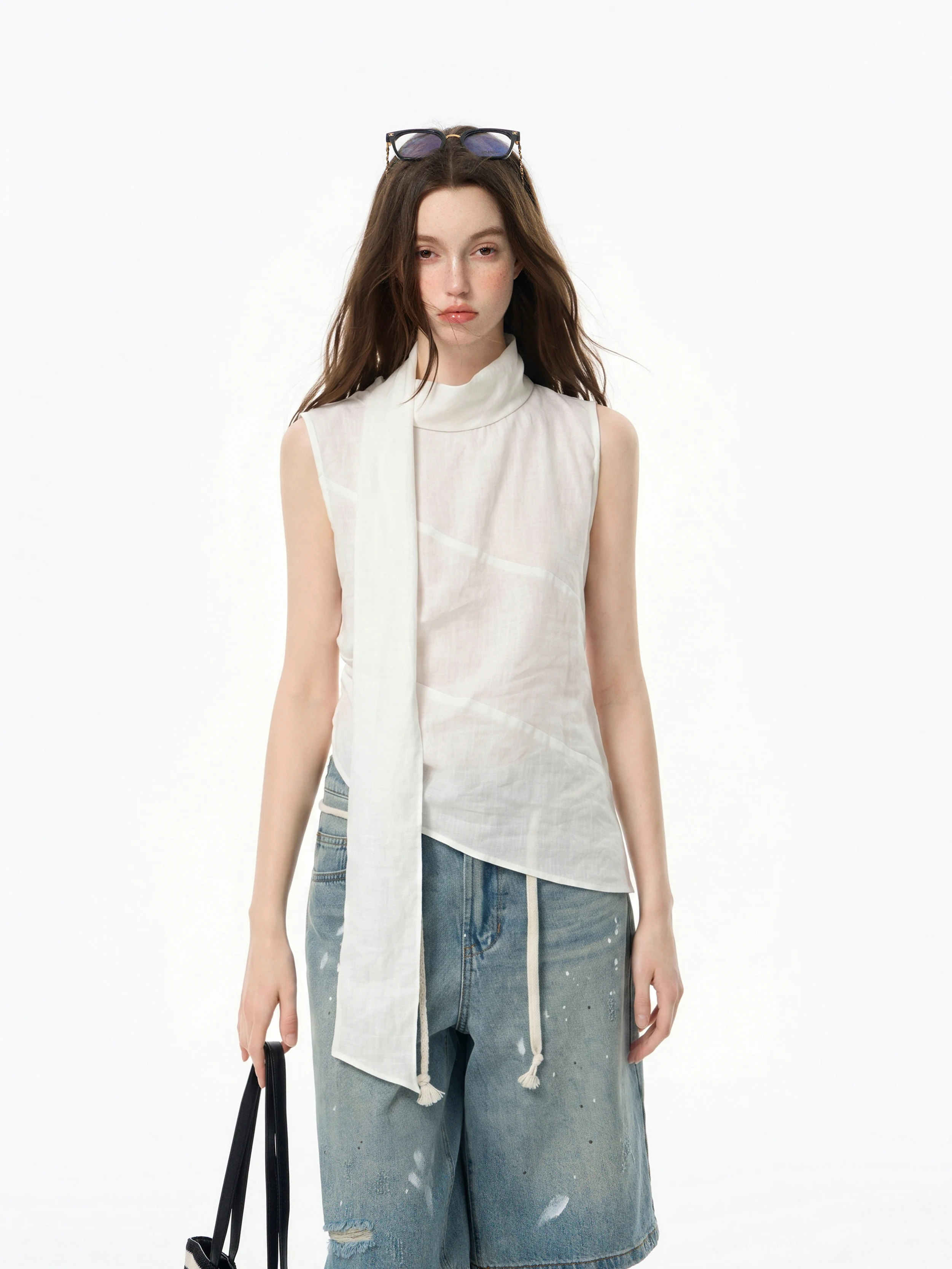 White Sleeveless Neck Hanging Sash Vest Women's Summer Slim Fit Short Top Asymmetrical Design Commute Style Inner Wear Outer ...
