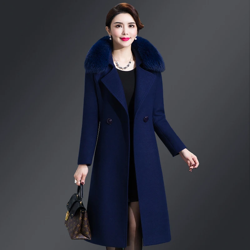 Autumn Winter Women Fashion Covered Coat Warm Pure Color Long Jacket Ladies Outwear Slim Fur Collar High Quality Clothing