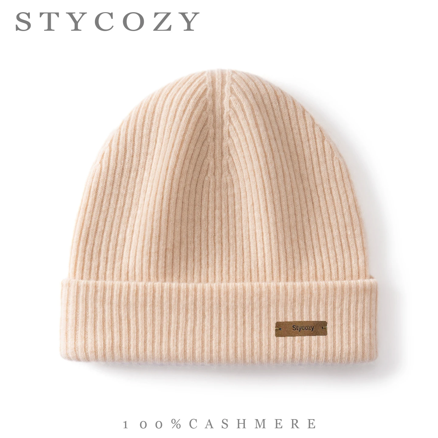 Unisex100%Cashmere Solid Vertical Ribbed Knit Beanie Hat Soft Elastic Double Cuffed Pull‑on Cap Women Winter Warm Daily Headwear