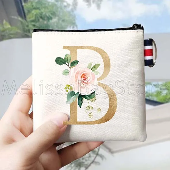 花のイニシャル文字 A～Z 花柄モノグラム ゴールド文字 キャンバス コインパースバッグ 小型スクエアキー収納カードバッグ ウォレットポーチ