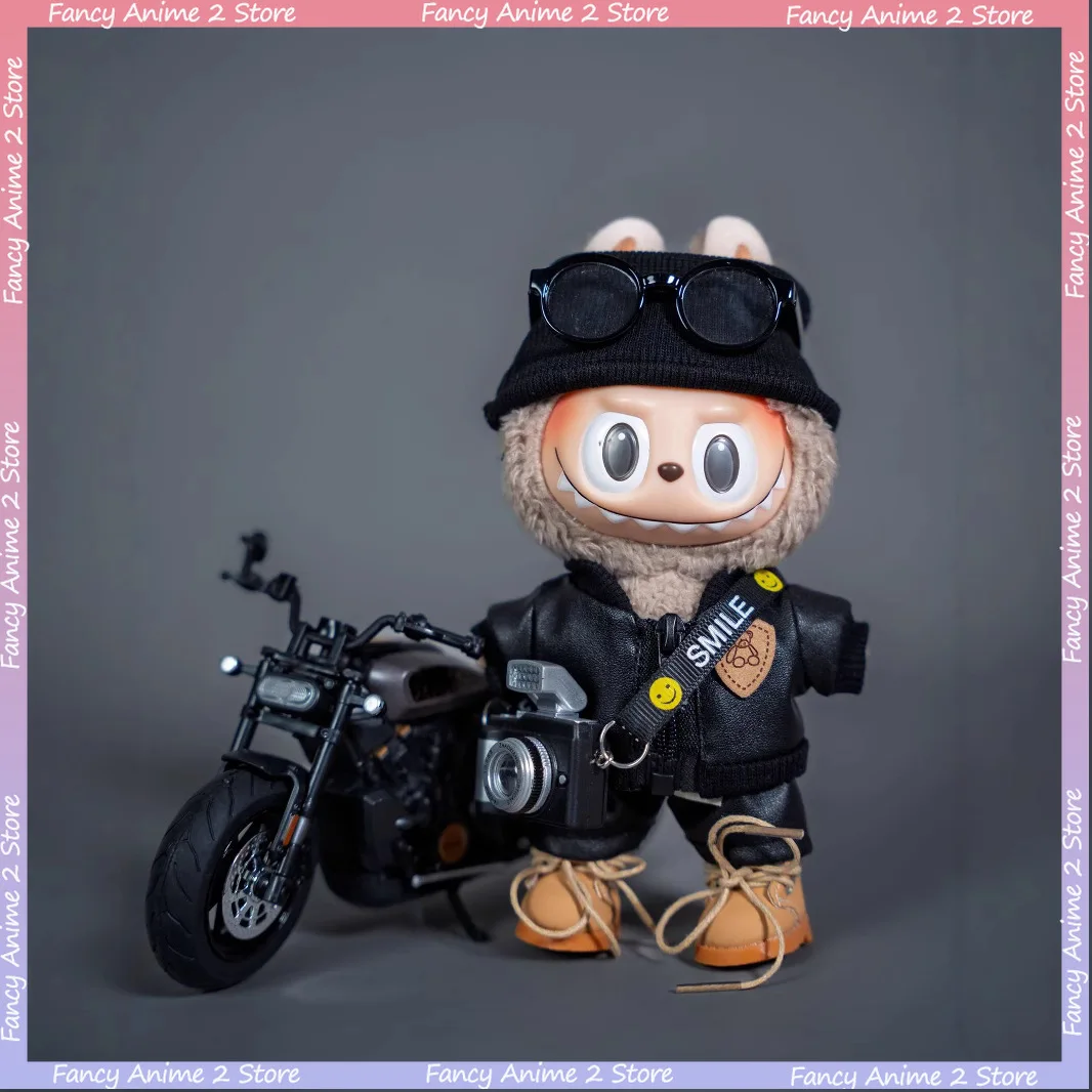 

Мотоциклетная модная одежда для куклы Labubu, одежда, наряд, включая кожаные куртки, брюки, обувь, очки, шапки, аксессуары