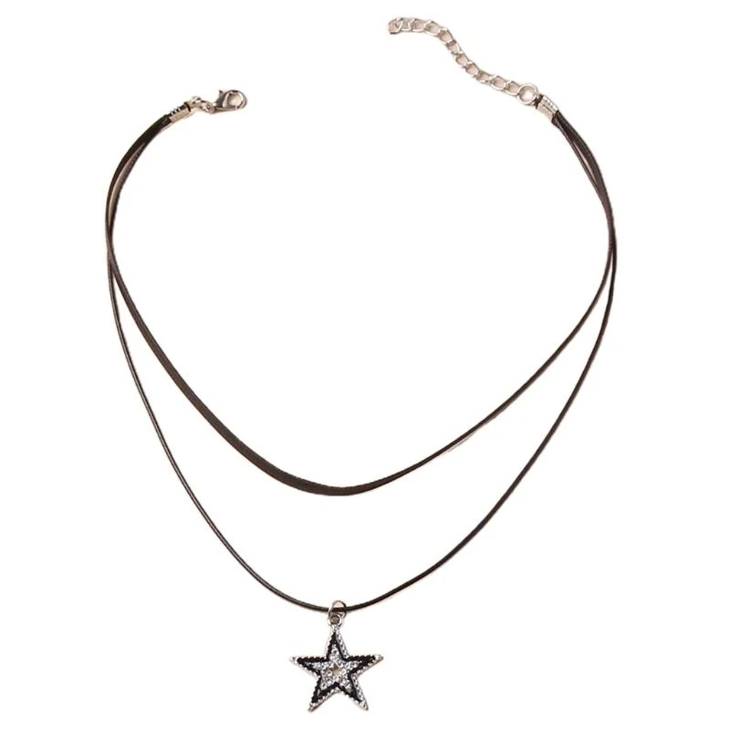 N5KE Leathers Rope Necklace Hollow Star Pendant All-matched Clavicle Chain Adjustable Double Layer Rope Cold Wind Neck Chain
