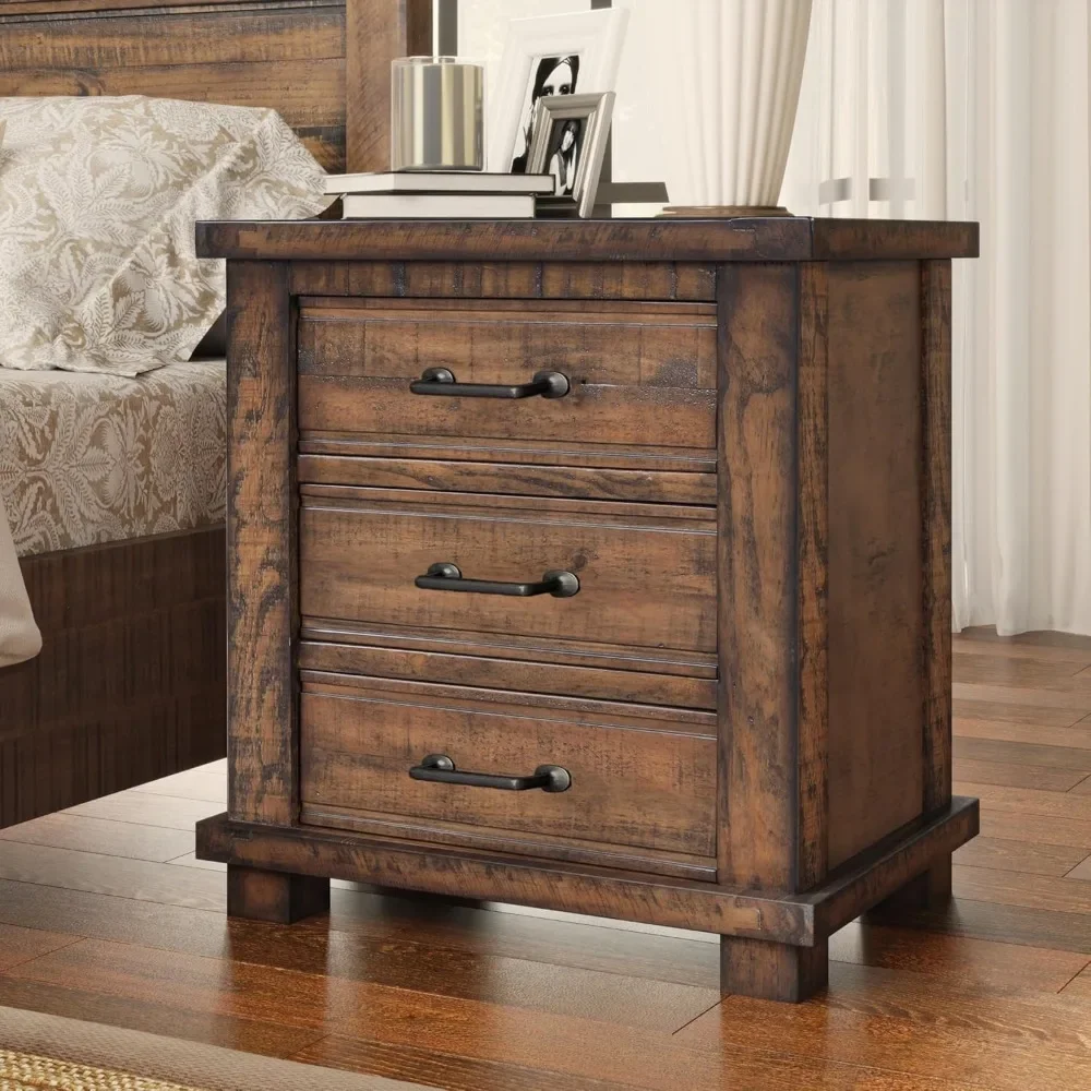 

24" W X 17" D X 25.6" H Nightstand with 3 Drawers, Antique Metal Handles, Farmhouse Reclaimed Pine Wood Nightstand