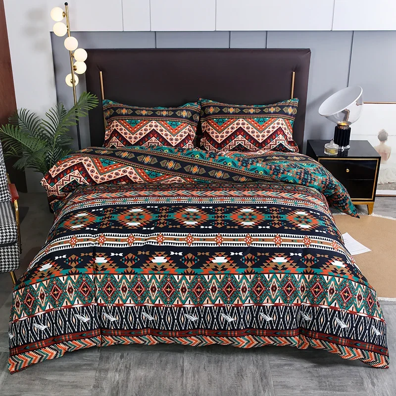 3pcs Boho Bedding Set Striped Geometric Duvet Cover and Pillowcases in Brown Ethnic and Traditional Style Soft Cozy Quilt Covers