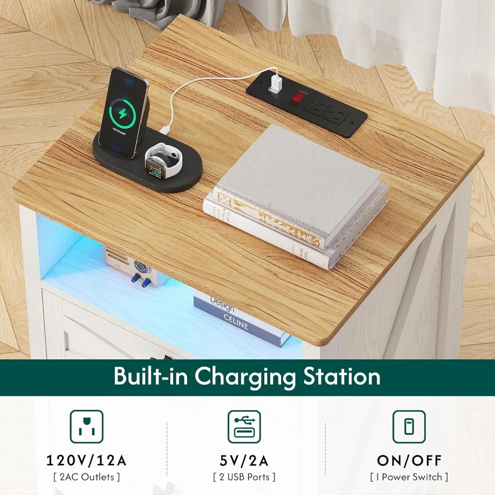 مجموعة منضدة مزرعة بيضاء ريفية عتيقة لغرفة النوم، وطاولات بجانب السرير مزدوجة مع محطة شحن وأضواء LED