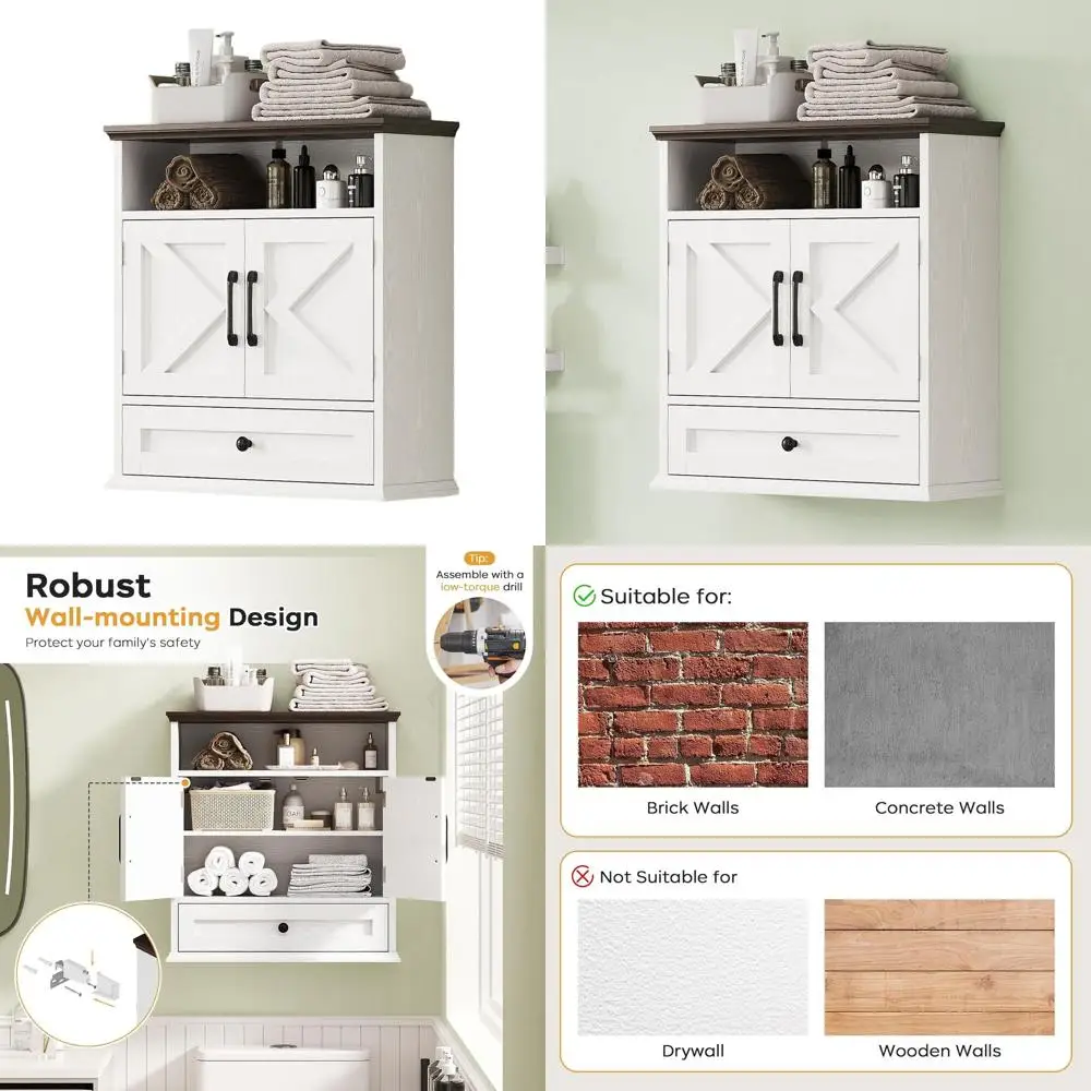 

Over-the-Toilet Storage Cabinet with Drawer, Barn Doors, 24.4H x 23.6W x 9D, White