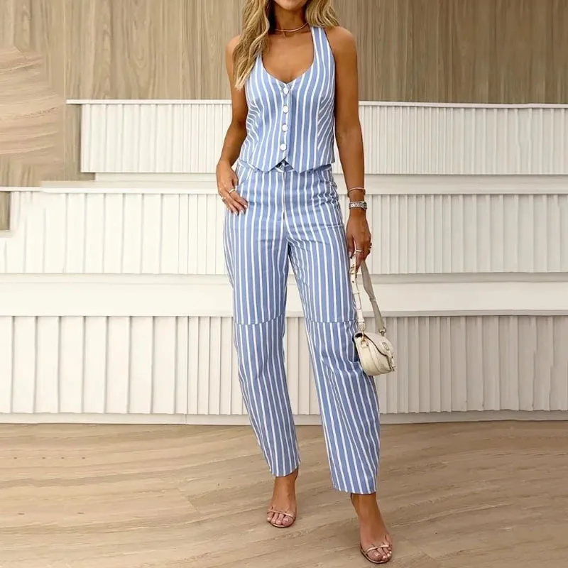 Women Pants Sets Vest Sleeveless Striped V Neck Sexy Straight Pants Matching Sets Single Breasted Button Crop Top Casual Pockets