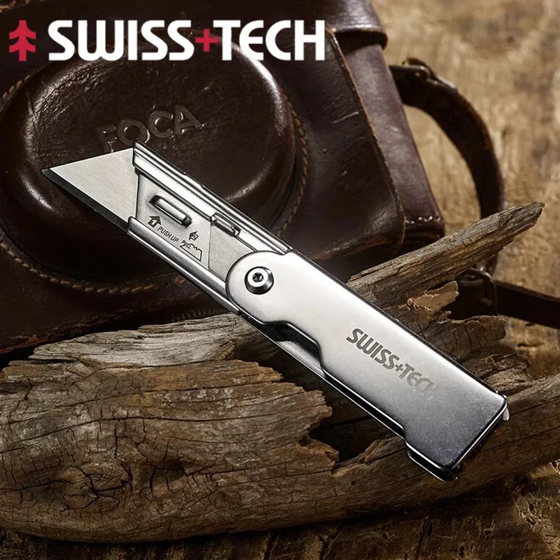 Swiss Tech-cuchillo plegable de bolsillo con Clip para cinturón, cuchilla pequeña para cortar papel, caja de corte