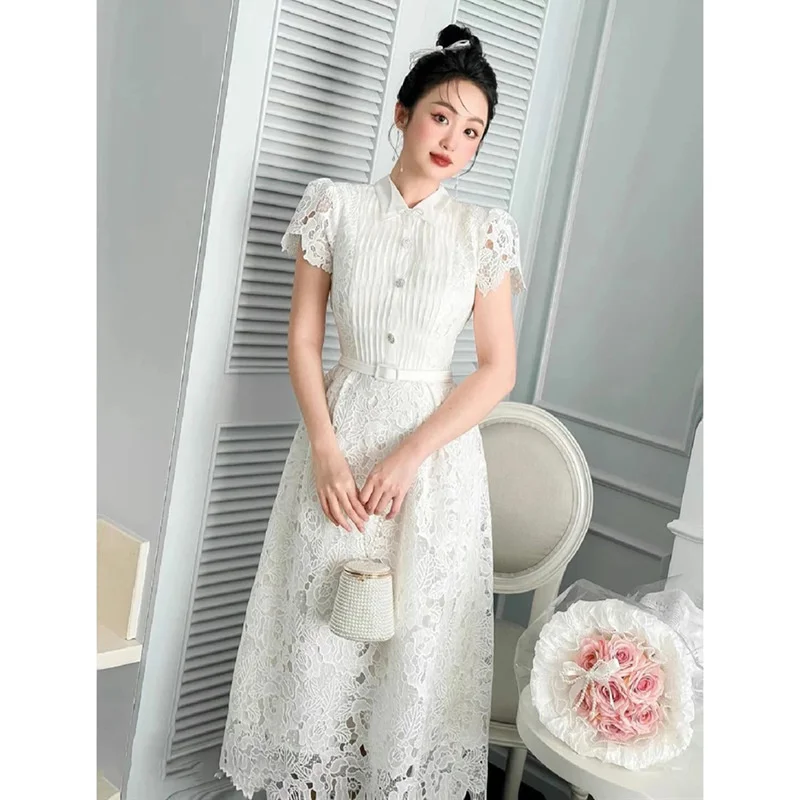 JAMERARY Fashion Flower Embroidery White Lace Evening Dress Women Summer Short Sleeve Midi Long Party Prom Dresses Lady