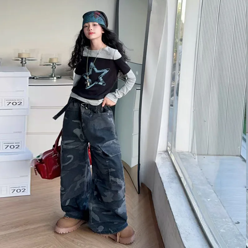 autunno-junior-girls-outfit-school-girls-star-stampato-patchwork-t-shirt-bambini-ragazze-disegno-cargo-pant-kids-girls-fashion-sets