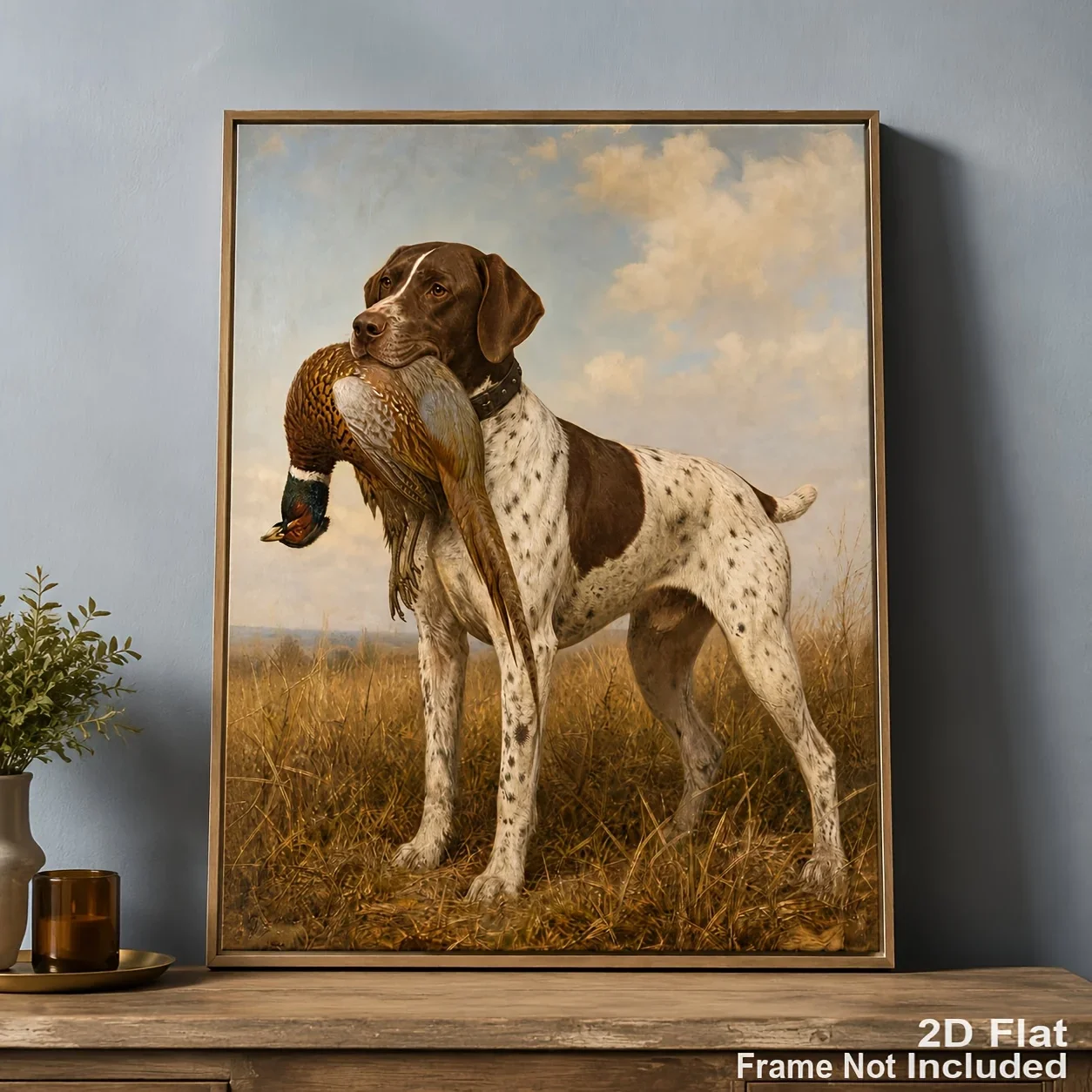 (No frame)2D Flat/Posters And Prints/Vintage Hunting Canvas Wall Art/Spotted Hunting Dog Holding Pheasant Print/Dry Grass Mea