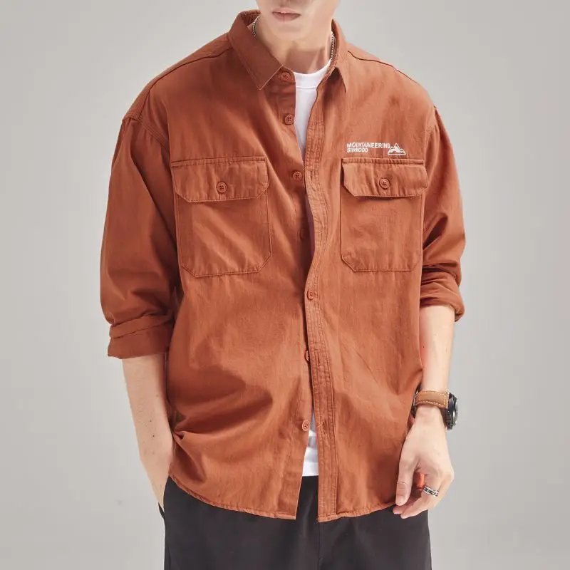 

Men Clothing Spring Autumn Trendy Japanese Style Vintage Workwear Shirt Male Casual Letter Print Pockets Long Sleeve Loose Tops