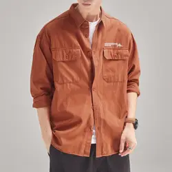 Men Clothing Spring Autumn Trendy Japanese Style Vintage Workwear Shirt Male Casual Letter Print Pockets Long Sleeve Loose Tops